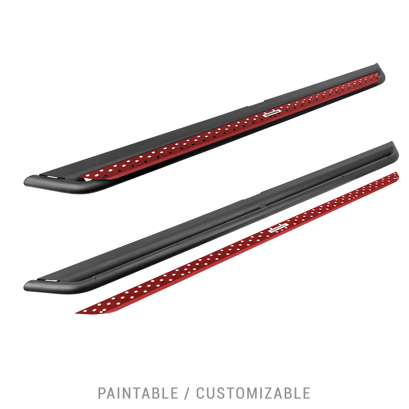 Go Rhino Dominator DSS: pair of black slider steps with red painted perforated step plates, one plate shown removed