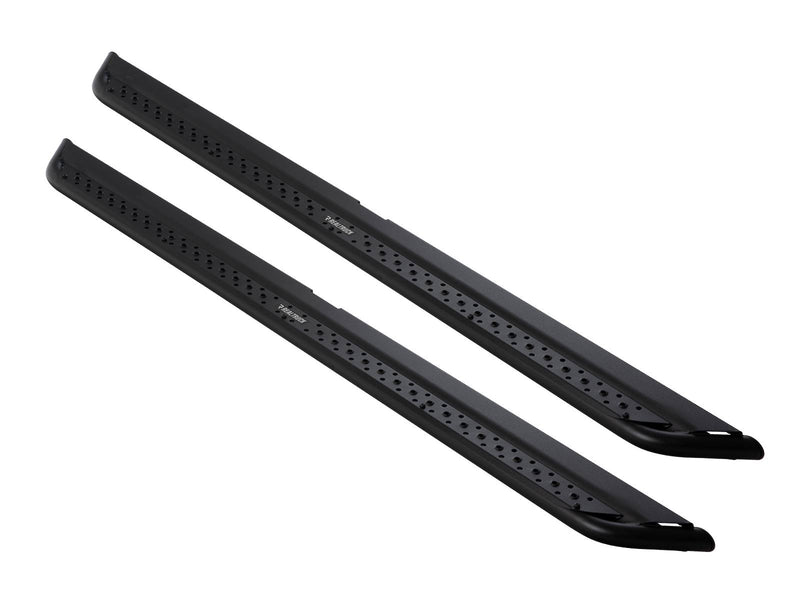 Go Rhino Dominator DSS: pair of black textured slider boards with perforated step surface, angled view on white