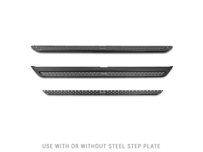 Go Rhino Dominator DSS: side profile of two black slider boards and a separate perforated step plate