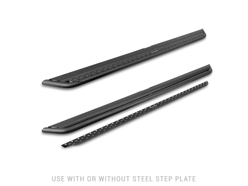 Go Rhino Dominator DSS: two black slider boards with a loose perforated steel step plate shown beside one board