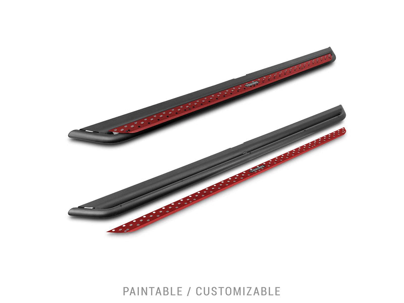 Go Rhino Dominator DSS: two black slider boards with red painted perforated step plates beside them