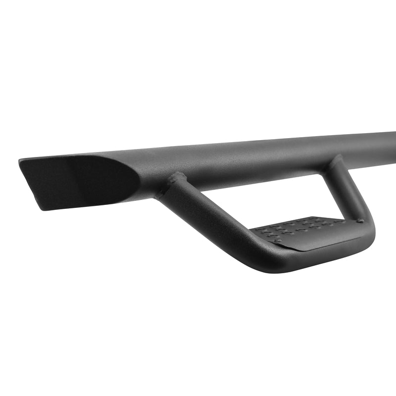 Go Rhino Dominator Xtreme D2: close-up of a black side bar end cap and drop-down hoop step with perforated pad