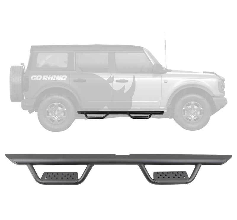 Go Rhino Dominator Xtreme D2: faded gray Ford Bronco 4-door drawing with black drop-step side bars fitted, above a single black side bar with two hoop steps