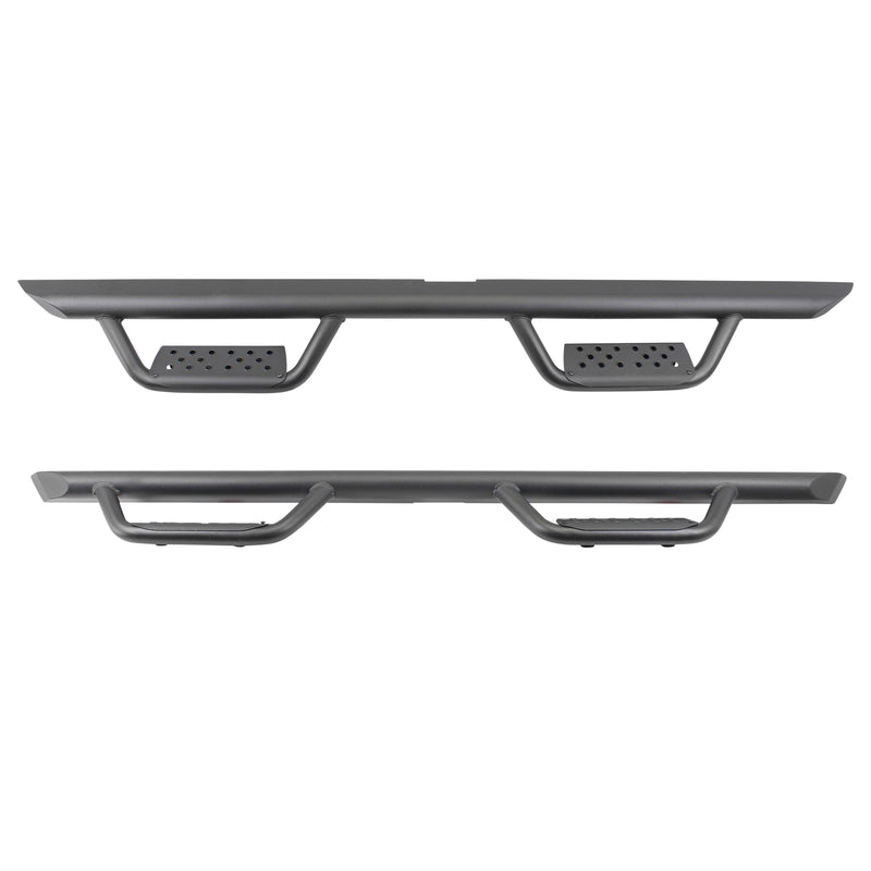 Go Rhino Dominator Xtreme D2: pair of black side bars with two drop-down hoop steps each, front and top views on white (representative image of the series; the kit for this listing is made for the vehicles shown in the fitment table)