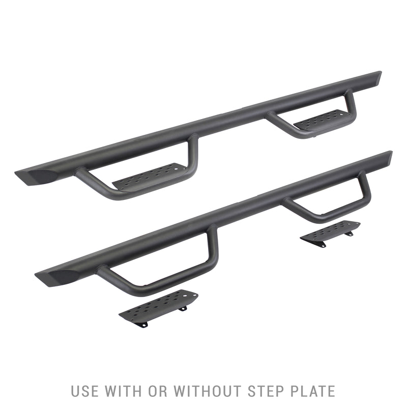Go Rhino Dominator Xtreme D2: pair of black side bars with two drop-down hoop steps each and two loose step plates