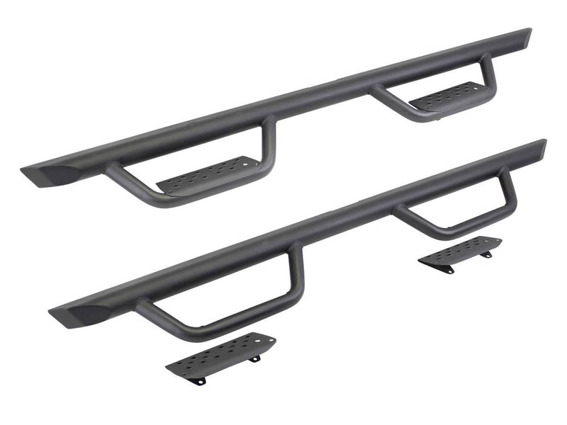 Go Rhino Dominator Xtreme D2: pair of black tube side steps with two drop steps each and loose step pads on white (representative image of the series; the kit for this listing is made for the vehicles shown in the fitment table)