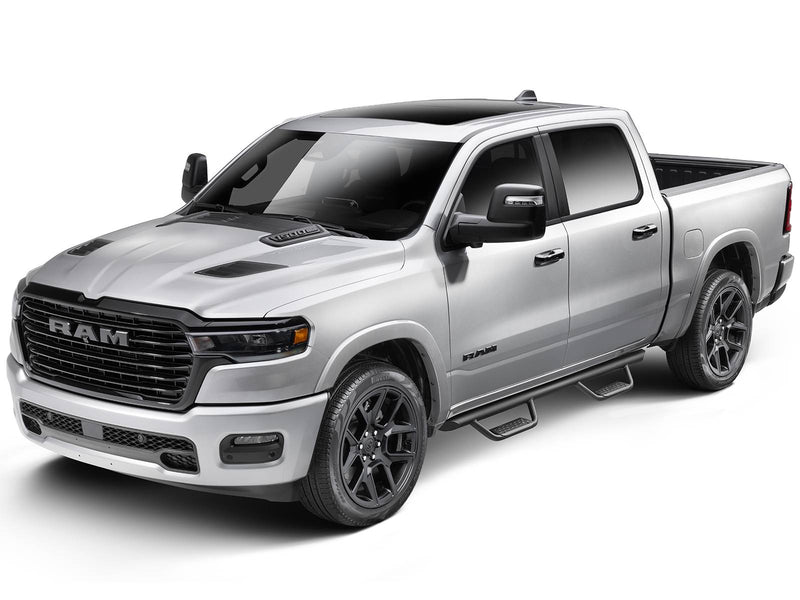 Go Rhino Dominator Xtreme D2: silver crew cab pickup, front three quarter view, with black tube side steps and drop steps