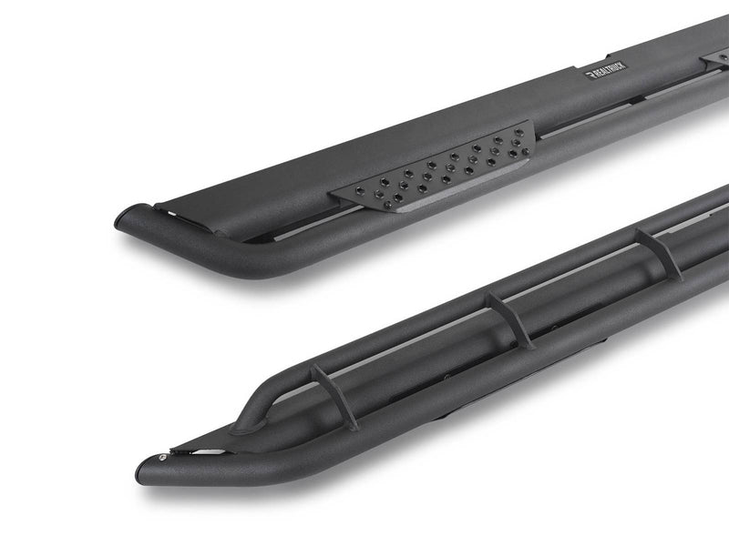 Go Rhino Dominator Xtreme DT: close-up of textured black side step ends showing the perforated step pad and the tubular underside frame