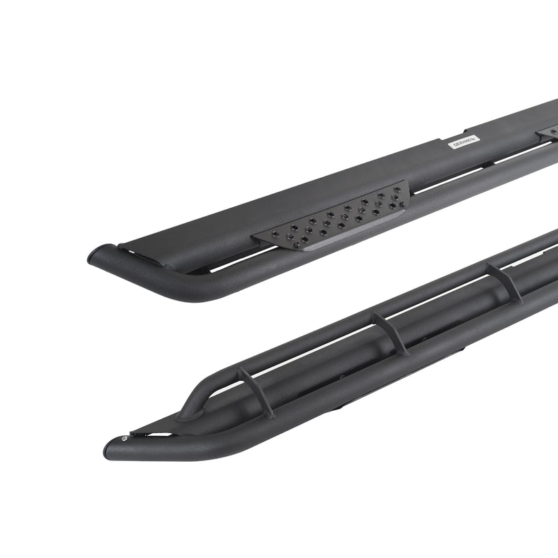 Go Rhino Dominator Xtreme DT: front ends of two black tube-frame side steps, one with a perforated plate fitted and one bare