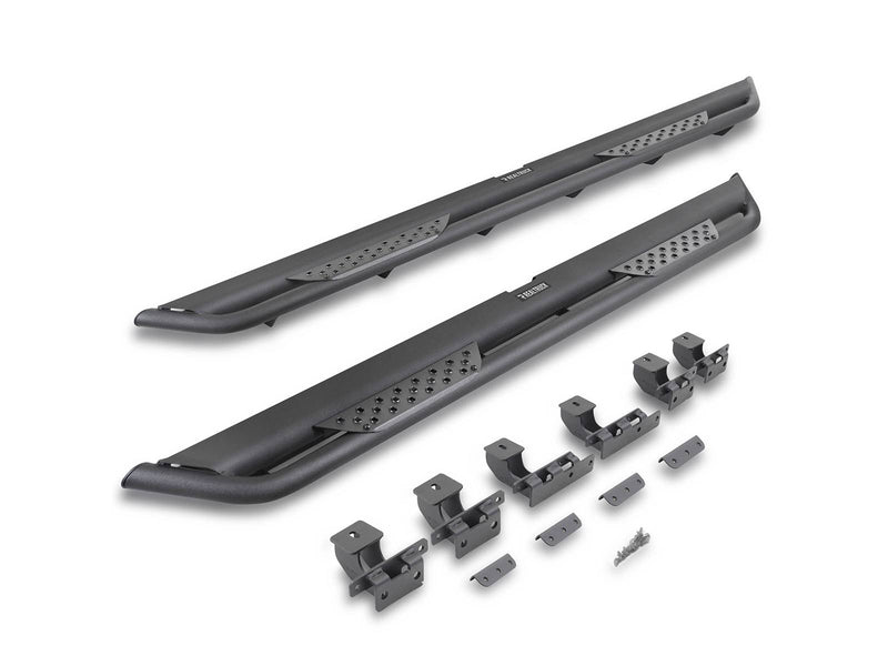 Go Rhino Dominator Xtreme DT: pair of black side step boards with mounting brackets and hardware on white