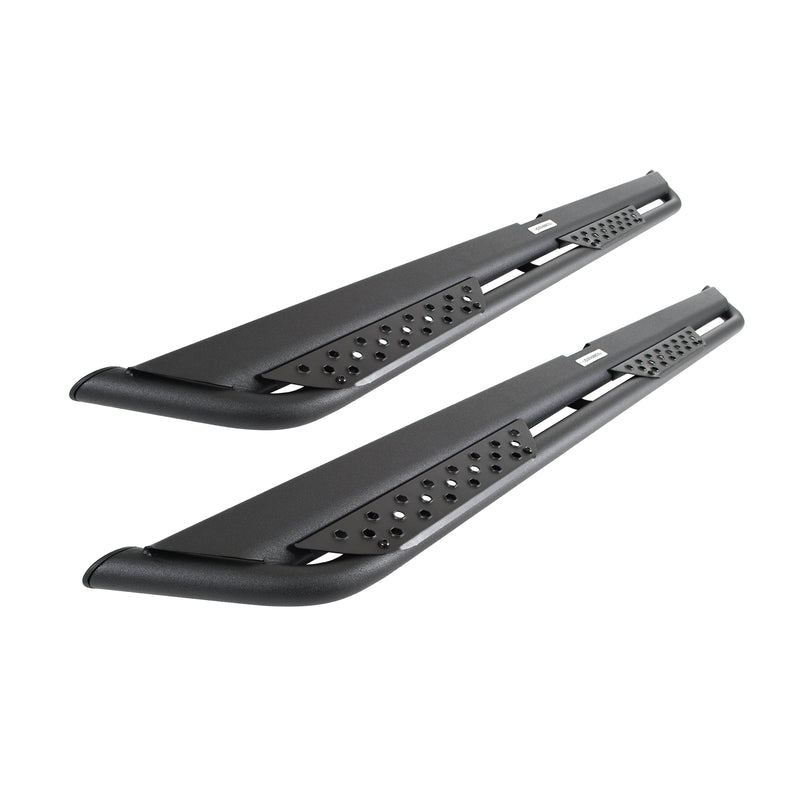 Go Rhino Dominator Xtreme DT: pair of black tube-frame side steps with perforated step plates and Go Rhino plates on white