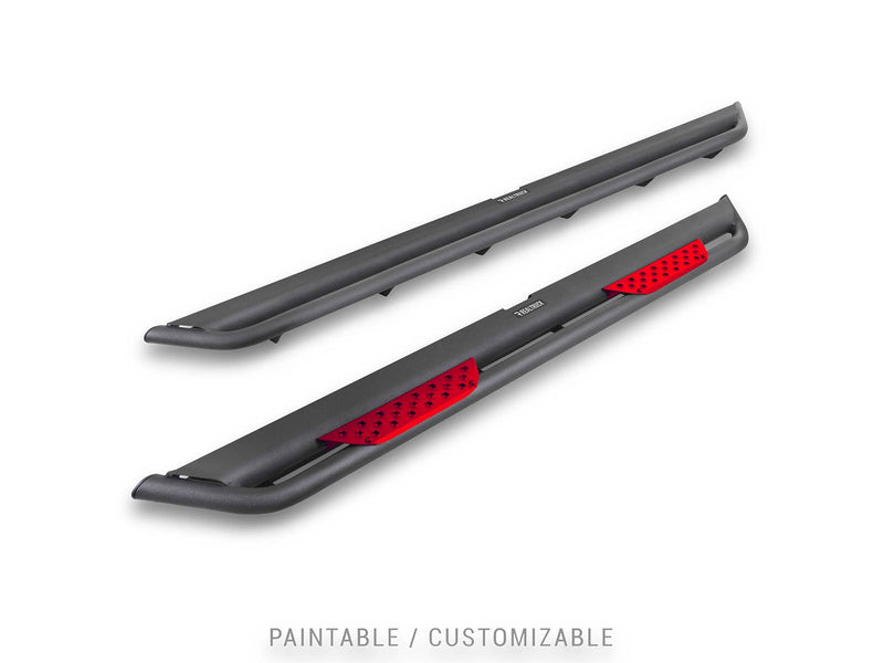 Go Rhino Dominator Xtreme DT: pair of textured black side steps, one with red painted inserts, captioned paintable and customizable