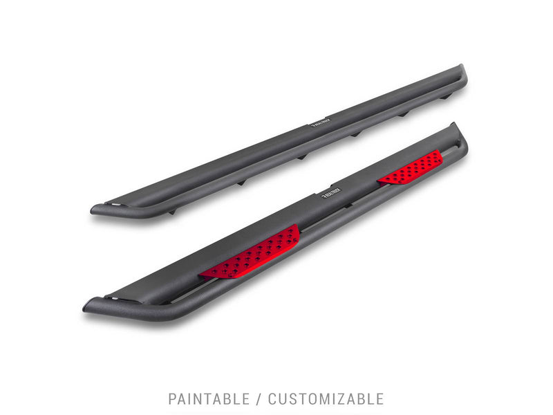 Go Rhino Dominator Xtreme DT: pair of textured black side steps, one with red painted inserts, captioned paintable and customizable