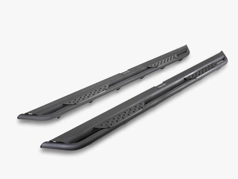 Go Rhino Dominator Xtreme DT: pair of textured black side steps on a light gray panel