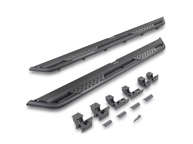 Go Rhino Dominator Xtreme DT: pair of textured black side steps with mounting brackets and hardware laid out below