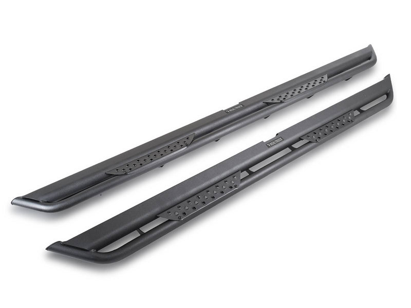 Go Rhino Dominator Xtreme DT: pair of textured black side steps with perforated step pads on a white background