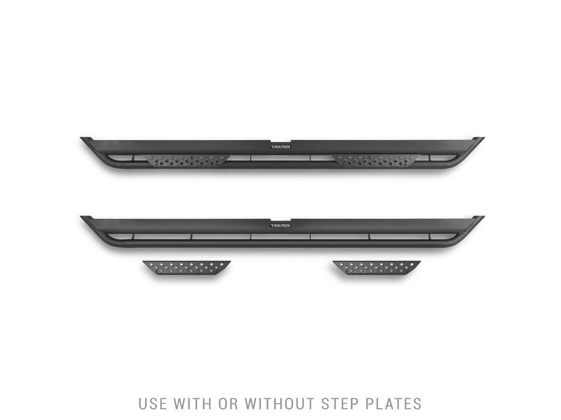 Go Rhino Dominator Xtreme DT: side profile of two black side step boards and two loose step plates
