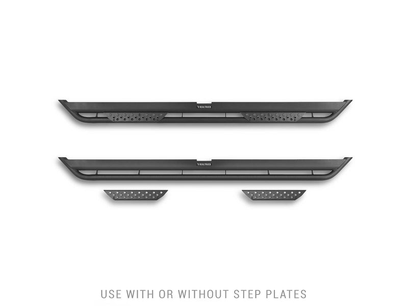 Go Rhino Dominator Xtreme DT: side profile of two black side step boards and two loose step plates