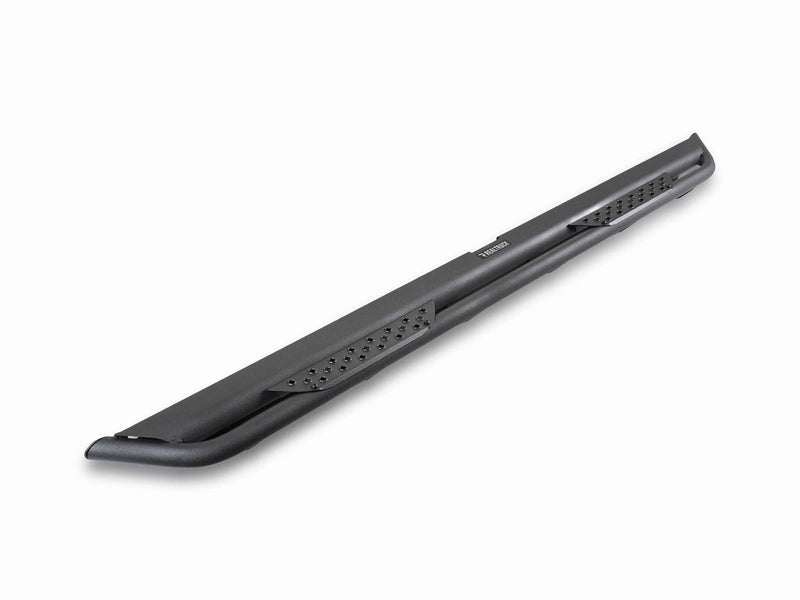 Go Rhino Dominator Xtreme DT: single black side step board with perforated step plates, angled view on white