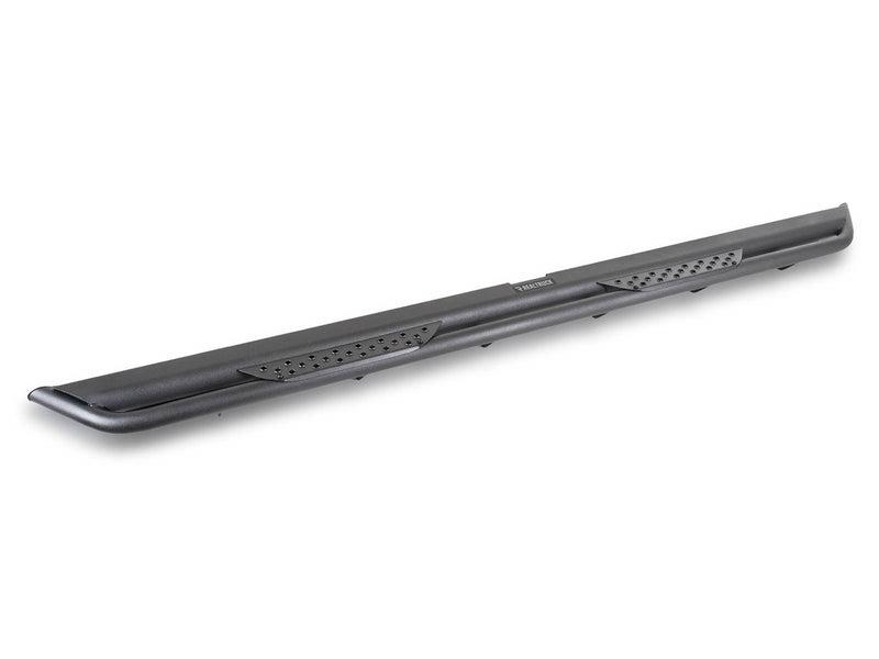 Go Rhino Dominator Xtreme DT: single textured black side step with perforated step pads, angled side view