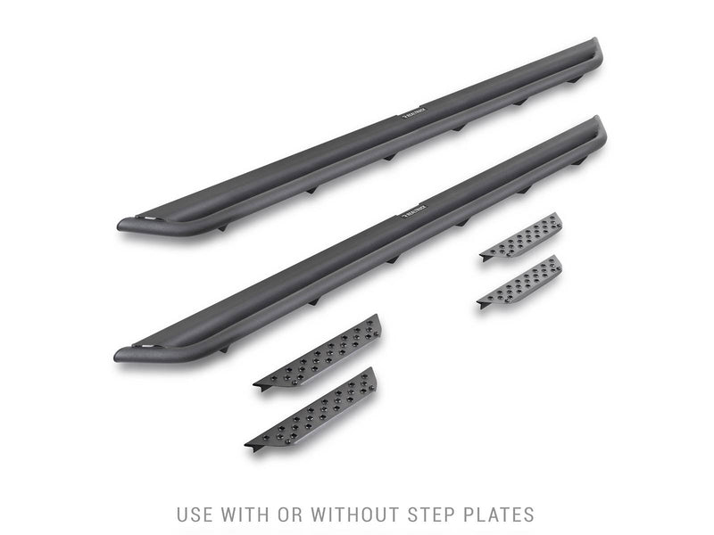 Go Rhino Dominator Xtreme DT: two black side step boards with four loose perforated step plates