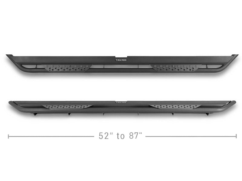 Go Rhino Dominator Xtreme DT: two textured black side steps in side profile above a dimension line reading 52" to 87"