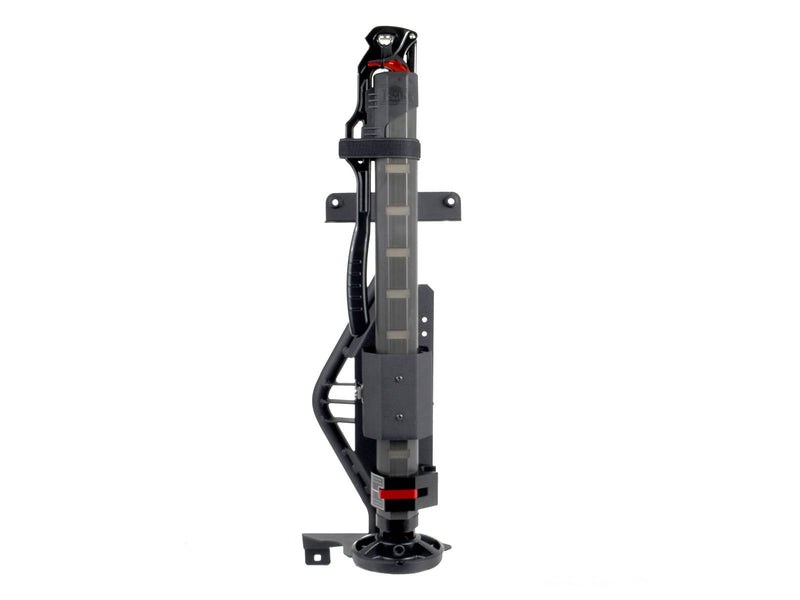 Go Rhino El Gato: black jack mount bracket and holder shown with a red and black farm jack clamped in place (shown with Hi-Lift style farm jack, not included)
