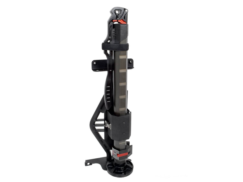 Go Rhino El Gato: black jack mount bracket with a red and black farm jack clamped in place, side angle (shown with Hi-Lift style farm jack, not included)