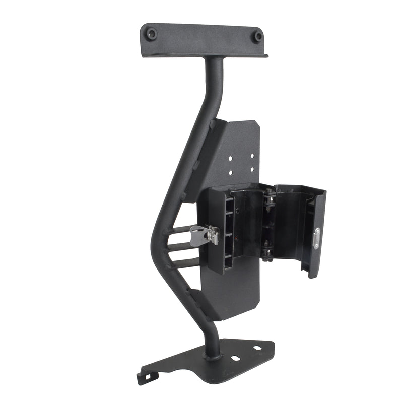 Go Rhino El Gato: black steel jack mount bracket with an open latching cradle on white