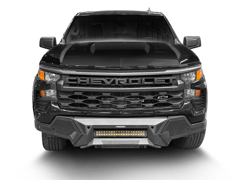 Go Rhino Element: black Chevrolet Silverado 1500 front end fitted with a textured black mesh front bumper and center LED light bar (shown with LED light bar (verify if included), not included)