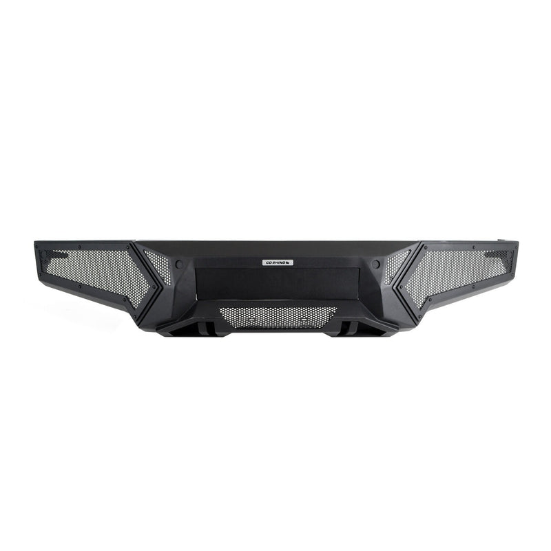 Go Rhino Element: black steel front bumper with honeycomb mesh inserts and Go Rhino plate, front view on white