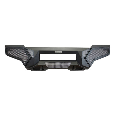 Go Rhino Element: black steel front bumper with honeycomb mesh wings and a center opening, front view on white