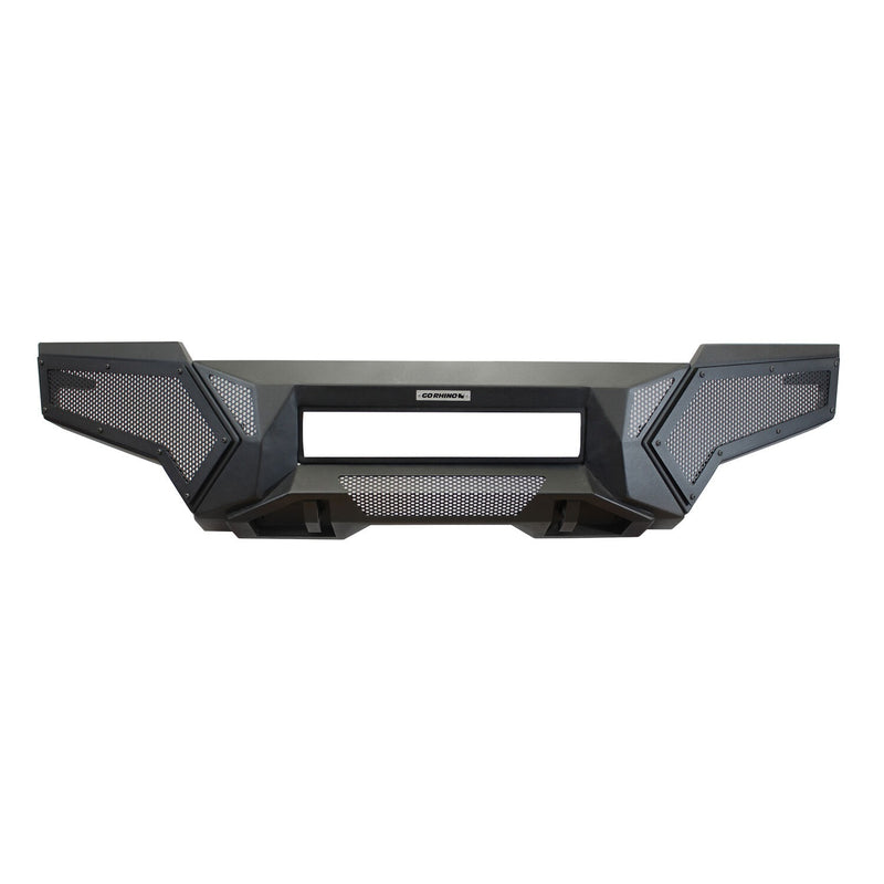 Go Rhino Element: black steel front bumper with honeycomb mesh wings and a center opening, front view on white