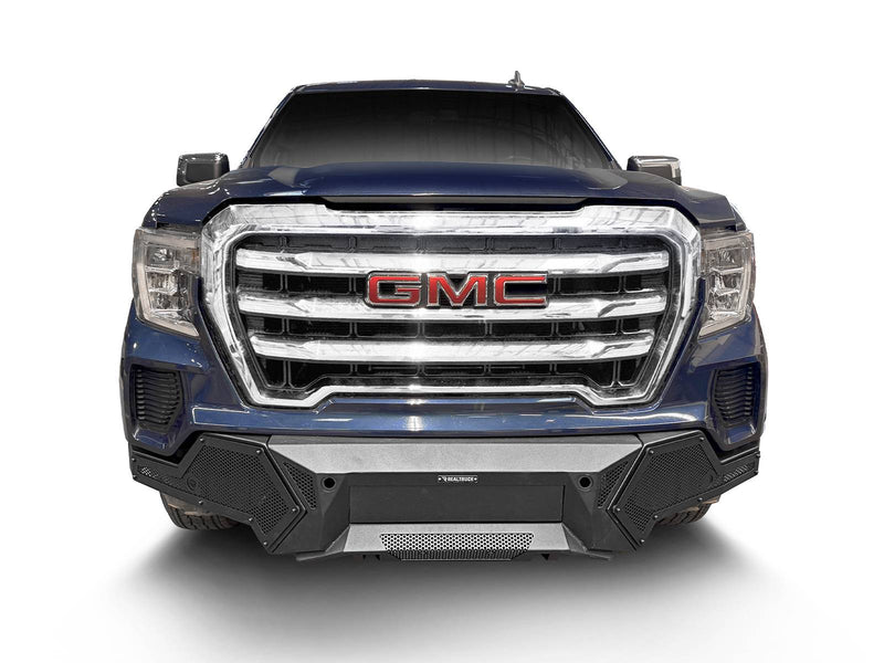 Go Rhino Element: blue GMC Sierra 1500 front end fitted with a textured black mesh front bumper