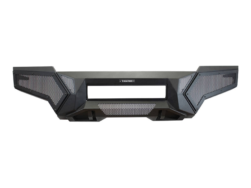 Go Rhino Element: textured black front bumper with mesh side panels and an open center light bar slot, front view