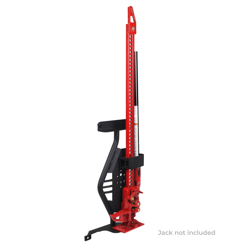 Go Rhino Exterior Jack Mount: black jack mount bracket holding a tall red farm jack on white (shown with jack, not included)