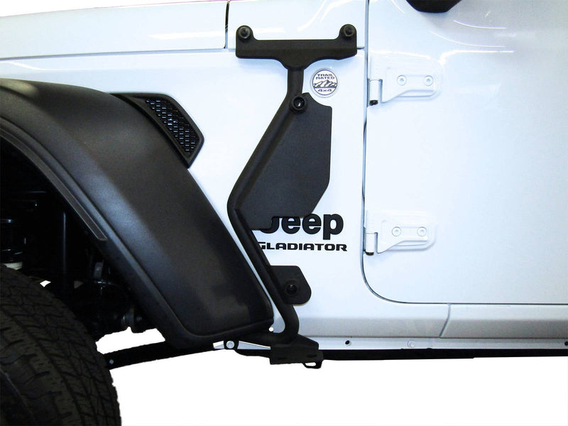 Go Rhino Exterior Jack Mount: black jack mount bracket on the cowl of a white Jeep Gladiator beside the fender flare