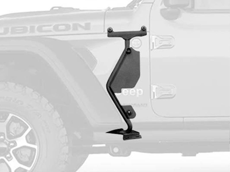 Go Rhino Exterior Jack Mount: black jack mount bracket shown over a faded white Jeep cowl and fender