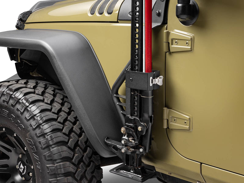 Go Rhino Exterior Jack Mount: black jack mount holding a red farm jack between the front fender and door of an olive Jeep Wrangler (shown with Hi-Lift style farm jack, not included)