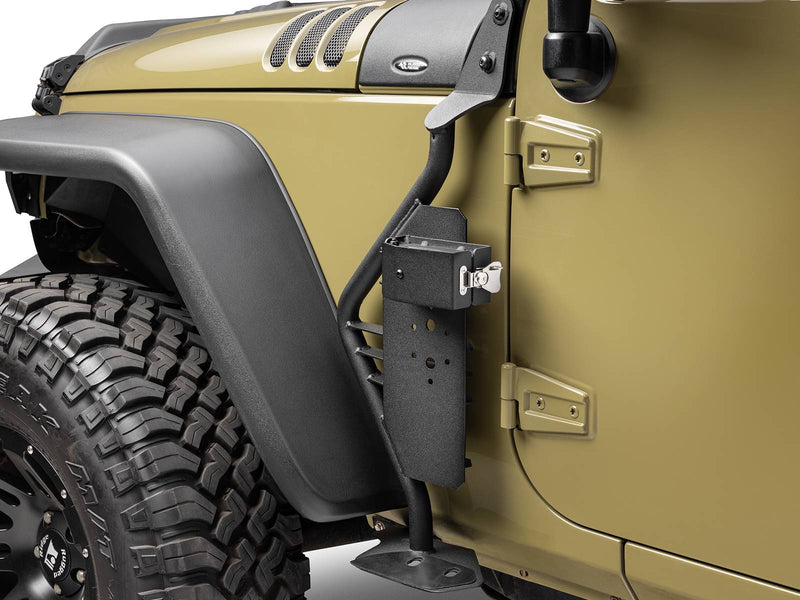 Go Rhino Exterior Jack Mount: empty black jack mount with latched holder on the cowl of an olive Jeep Wrangler