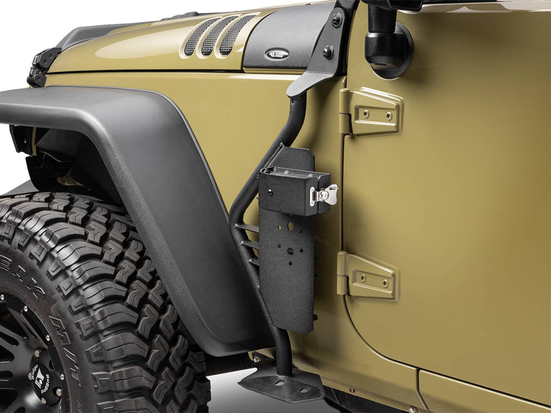 Go Rhino Exterior Jack Mount: empty black jack mount with latched holder on the cowl of an olive Jeep Wrangler