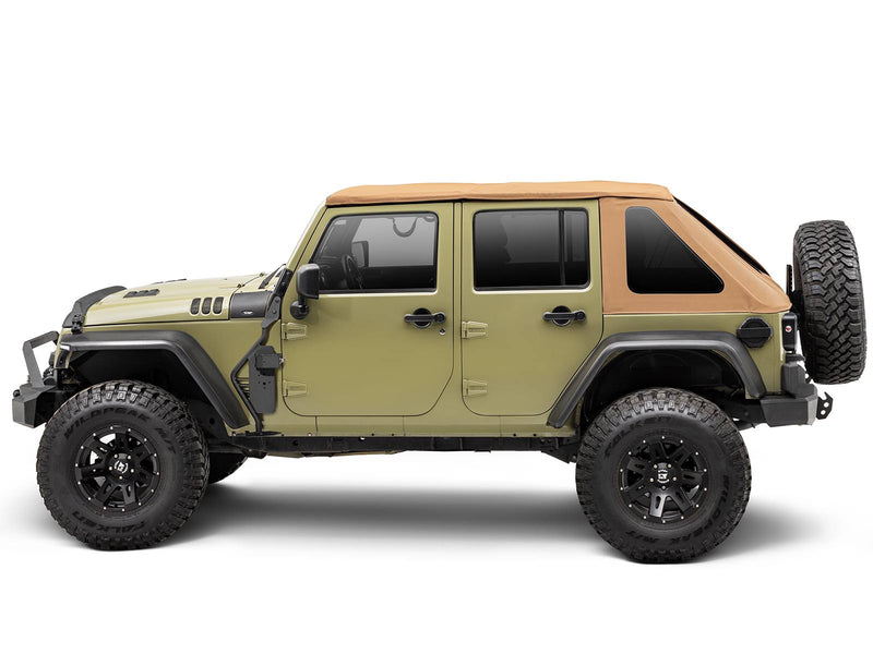 Go Rhino Exterior Jack Mount: side view of an olive four door Jeep Wrangler with a tan soft top and black jack mount at the front door (shown with aftermarket bumpers, aftermarket wheels and tires, not included)