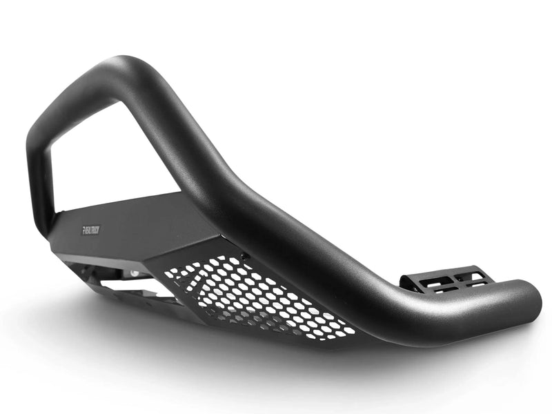 Go Rhino RC4 LR: textured black bull bar seen from the side and rear showing mounting brackets and hex mesh skid panel on white