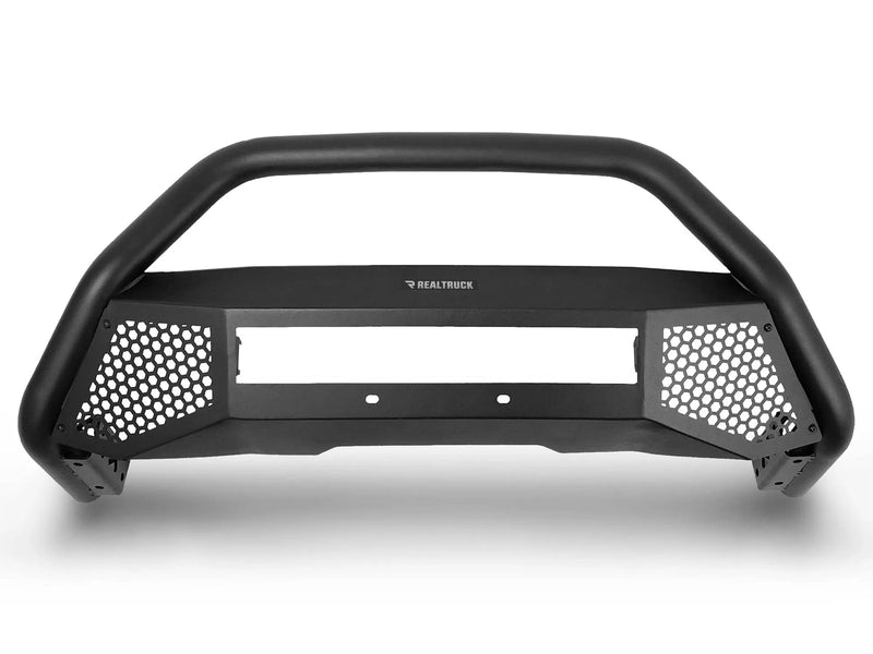 Go Rhino RC4 LR: textured black bull bar with hoop, open center light bar opening and hex mesh side panels on white