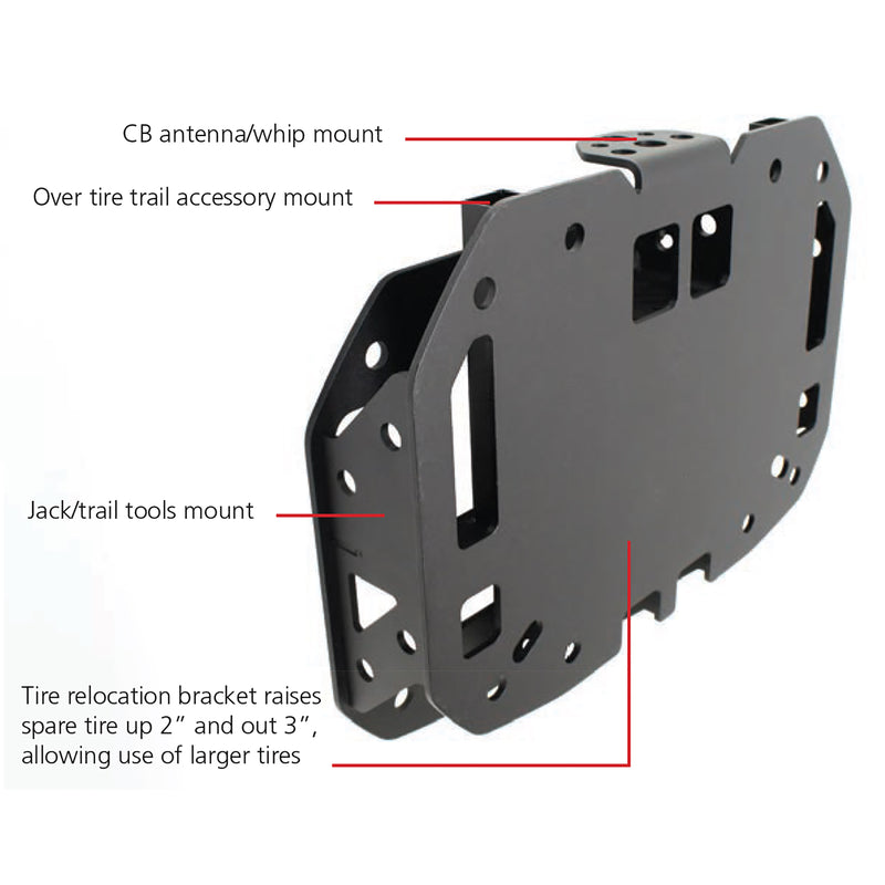 Go Rhino Rockline: black spare tire relocation plate with labeled accessory mounts on white