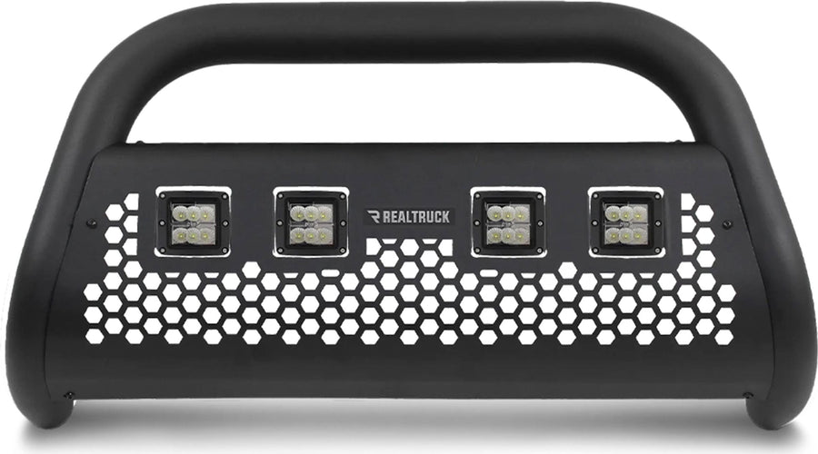 Go Rhino Charger RC2 LR Bull Bars: Textured black bull bar with four cube lights in a perforated skid plate on white