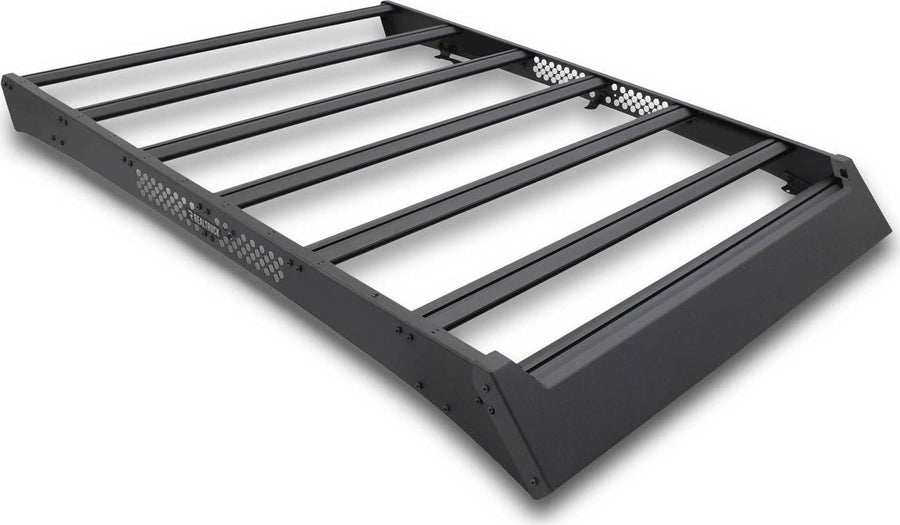Go Rhino CEROS Low Profile Roof Rack: Black low profile platform roof rack with crossbars and perforated wind fairing on white