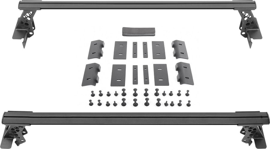 Go Rhino XRS Cross Bars: Two black cross bars with towers, mounting clamps and hardware laid out