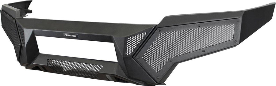 Go Rhino Element Front Bumper: Textured black front bumper with mesh side panels and center opening, angled studio view