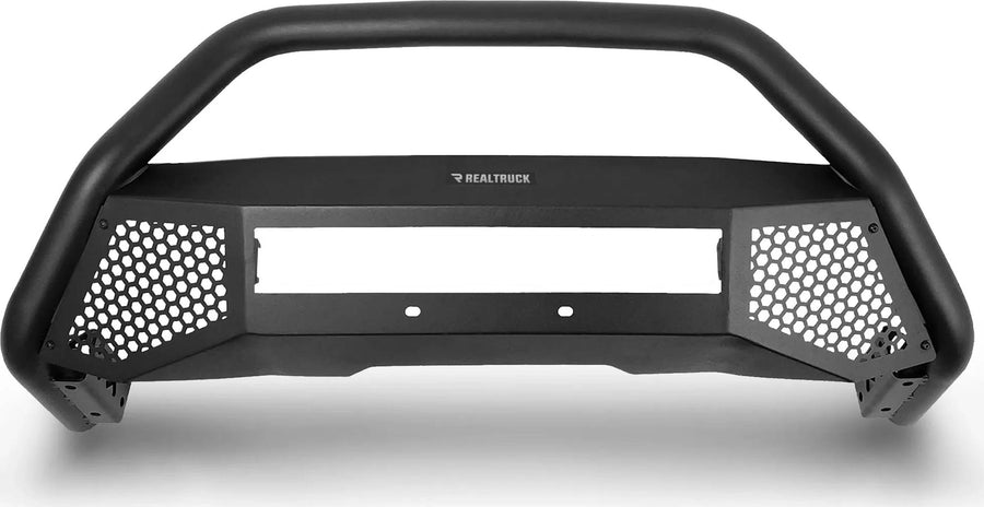 Go Rhino RC4 LR Bull Bar: Textured black bull bar with hoop, open center light bar opening and hex mesh side panels on white